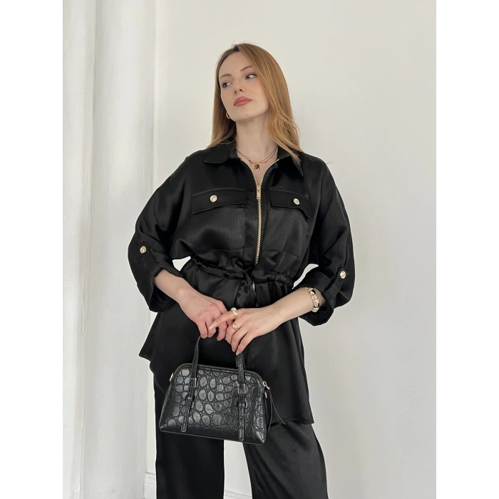 Belden Bağlama Detaylı Fermuarlı Saten Takım Siyah