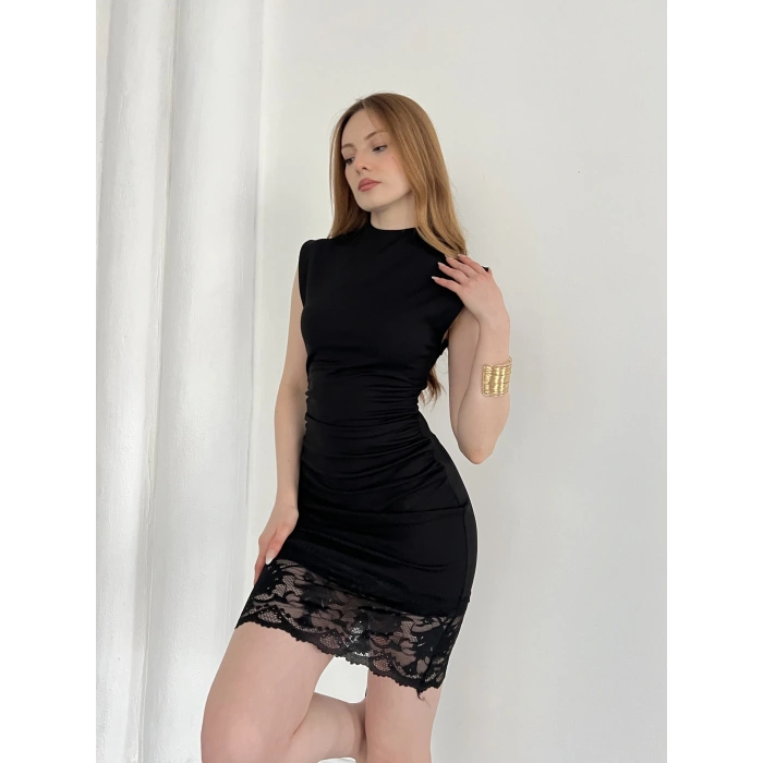 Sıfır Kol Dantel Detaylı Sandy Elbise Siyah