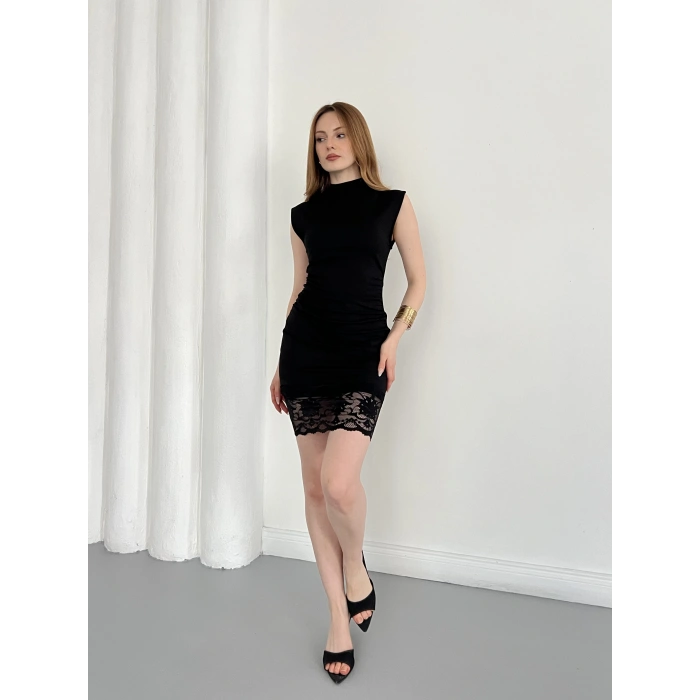 Sıfır Kol Dantel Detaylı Sandy Elbise Siyah