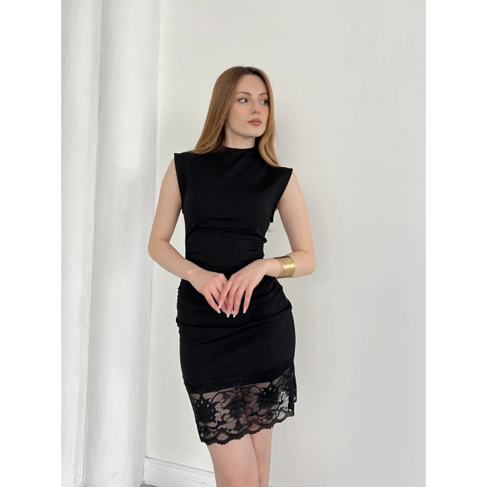 Sıfır Kol Dantel Detaylı Sandy Elbise Siyah