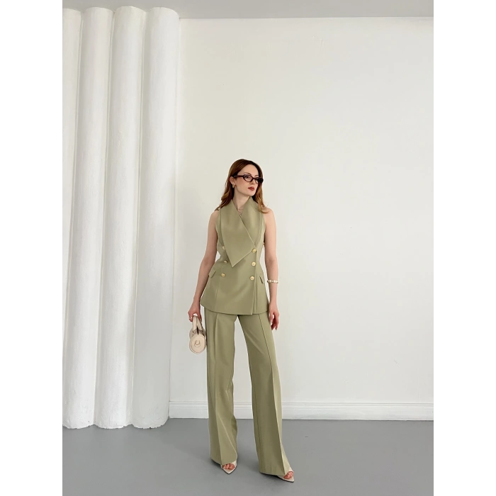 Gold Düğmeli Yelekli Pantolon Takım Haki