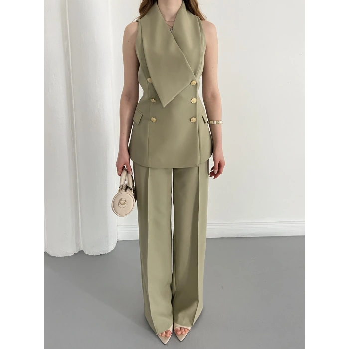 Gold Düğmeli Yelekli Pantolon Takım Haki