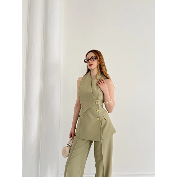 Gold Düğmeli Yelekli Pantolon Takım Haki