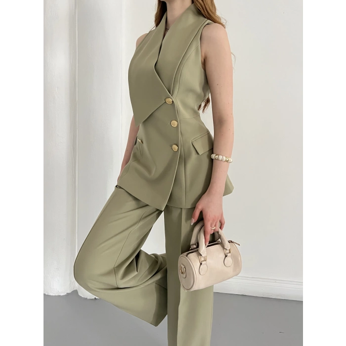 Gold Düğmeli Yelekli Pantolon Takım Haki