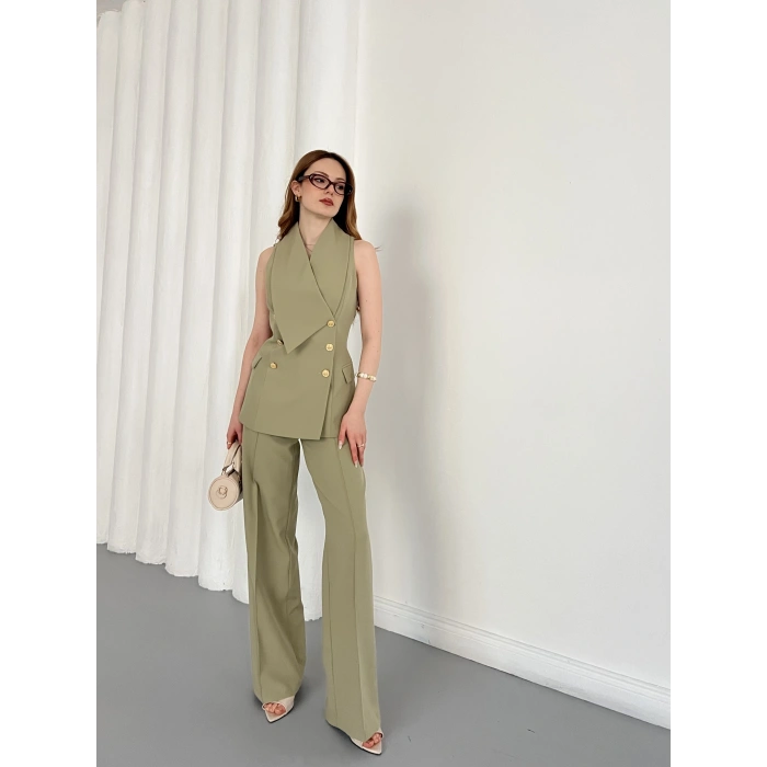 Gold Düğmeli Yelekli Pantolon Takım Haki