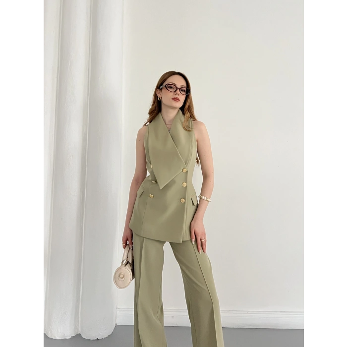 Gold Düğmeli Yelekli Pantolon Takım Haki