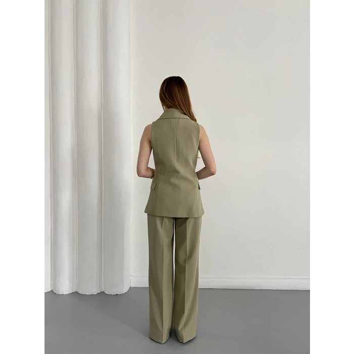 Gold Düğmeli Yelekli Pantolon Takım Haki