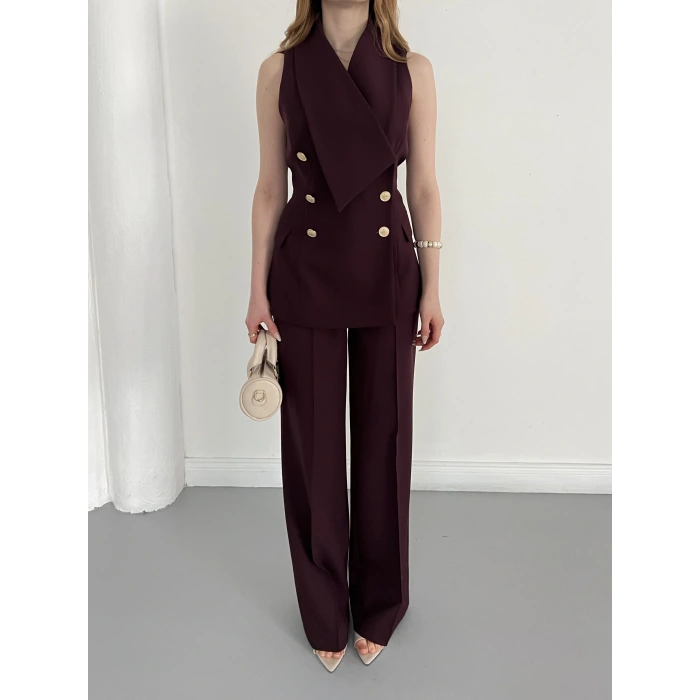 Gold Düğmeli Yelekli Pantolon Takım Mürdüm