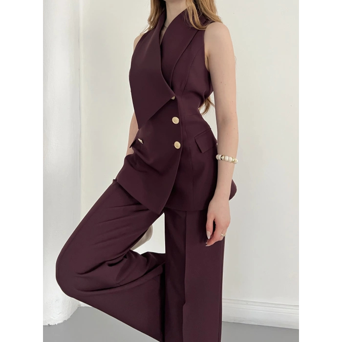 Gold Düğmeli Yelekli Pantolon Takım Mürdüm