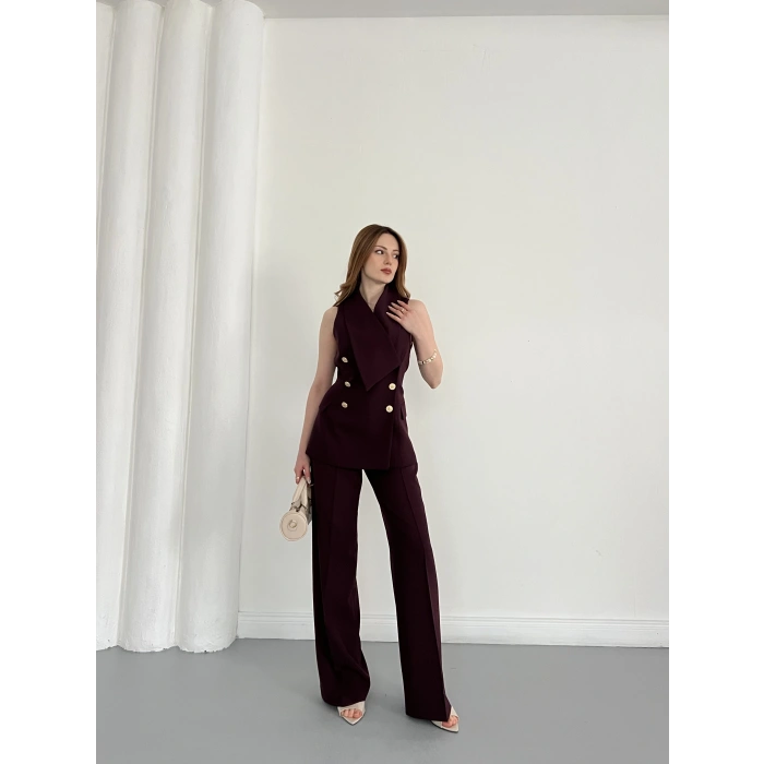 Gold Düğmeli Yelekli Pantolon Takım Mürdüm