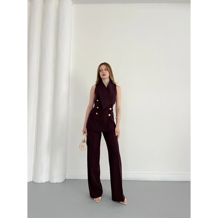 Gold Düğmeli Yelekli Pantolon Takım Mürdüm