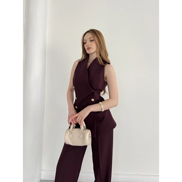 Gold Düğmeli Yelekli Pantolon Takım Mürdüm