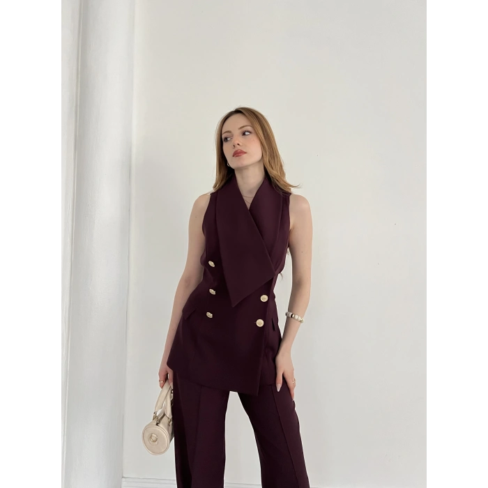 Gold Düğmeli Yelekli Pantolon Takım Mürdüm