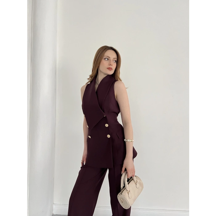 Gold Düğmeli Yelekli Pantolon Takım Mürdüm