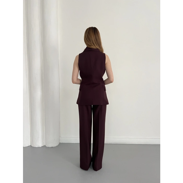 Gold Düğmeli Yelekli Pantolon Takım Mürdüm