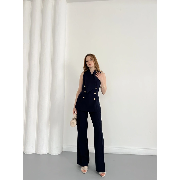 Gold Düğmeli Yelekli Pantolon Takım Lacivert