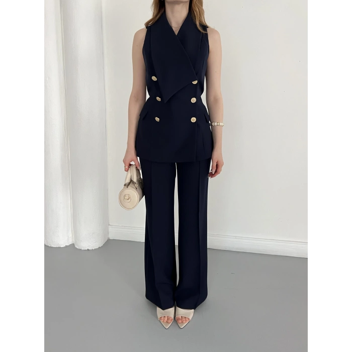 Gold Düğmeli Yelekli Pantolon Takım Lacivert