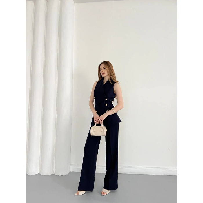 Gold Düğmeli Yelekli Pantolon Takım Lacivert