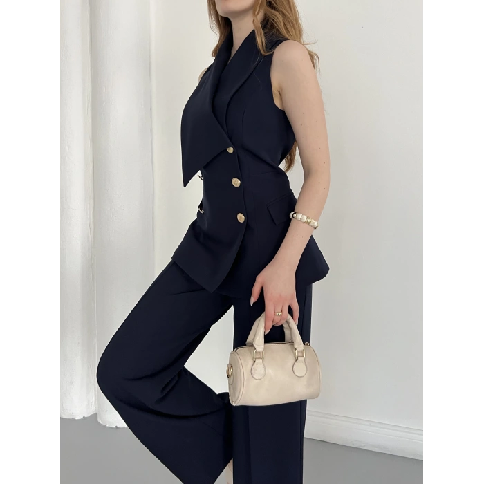 Gold Düğmeli Yelekli Pantolon Takım Lacivert