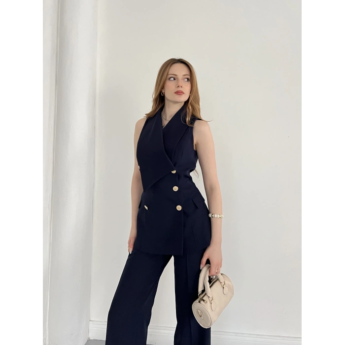 Gold Düğmeli Yelekli Pantolon Takım Lacivert