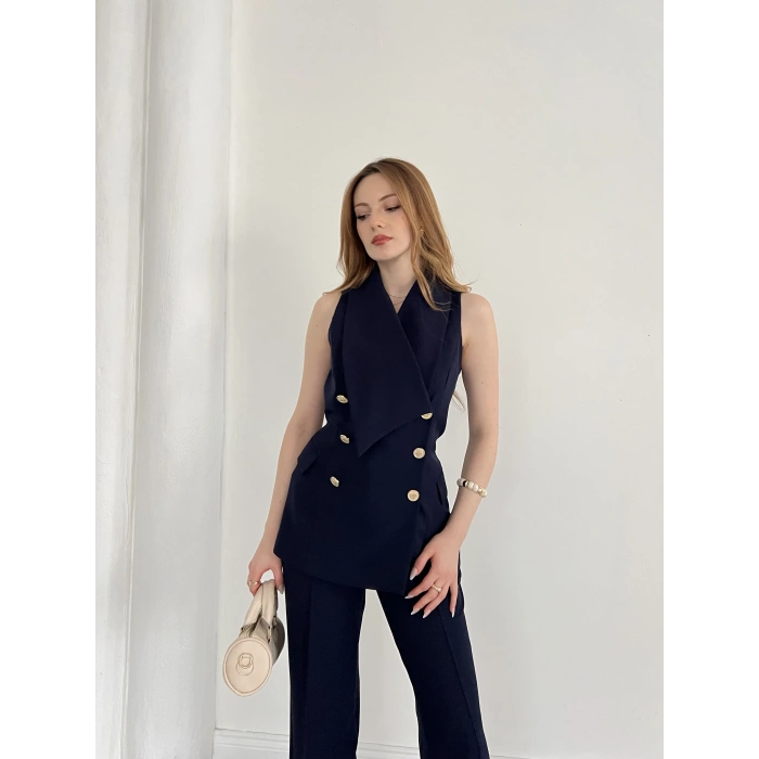 Gold Düğmeli Yelekli Pantolon Takım Lacivert