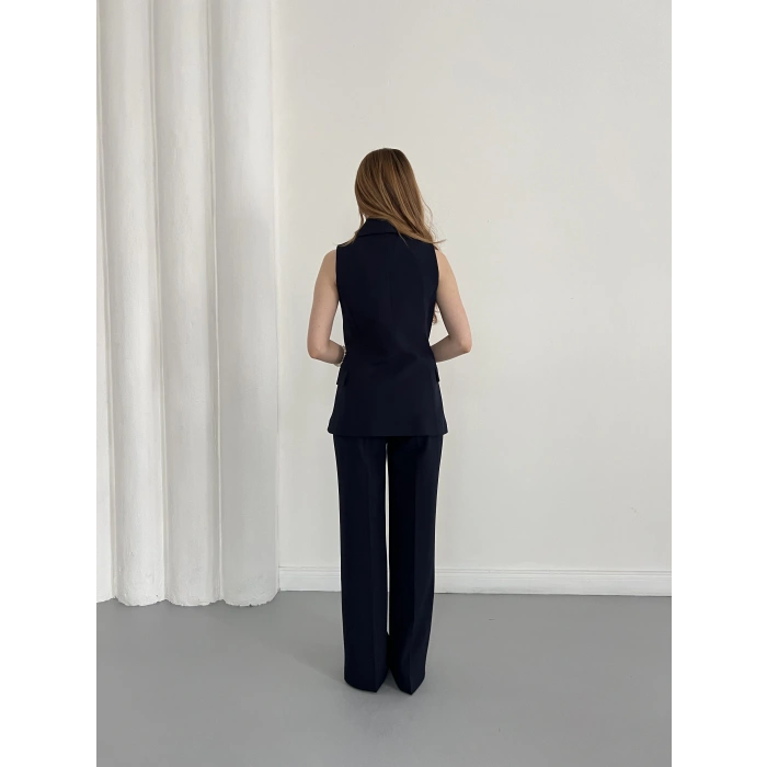 Gold Düğmeli Yelekli Pantolon Takım Lacivert