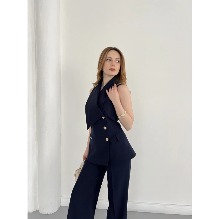 Gold Düğmeli Yelekli Pantolon Takım Lacivert