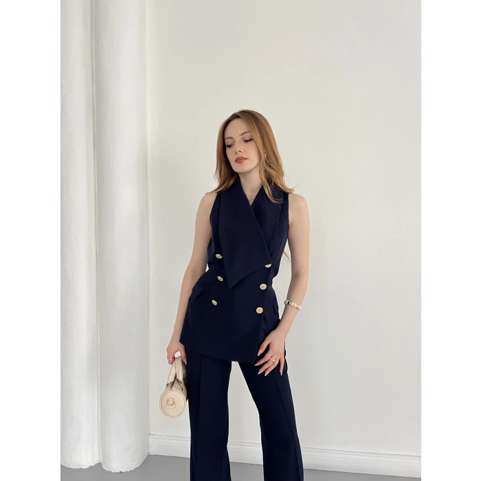 Gold Düğmeli Yelekli Pantolon Takım Lacivert