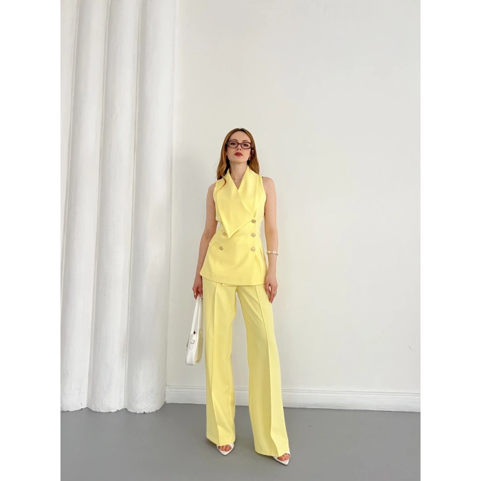 Gold Düğmeli Yelekli Pantolon Takım Sarı