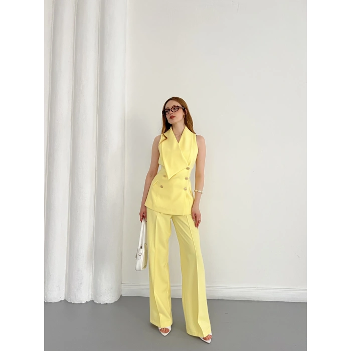 Gold Düğmeli Yelekli Pantolon Takım Sarı