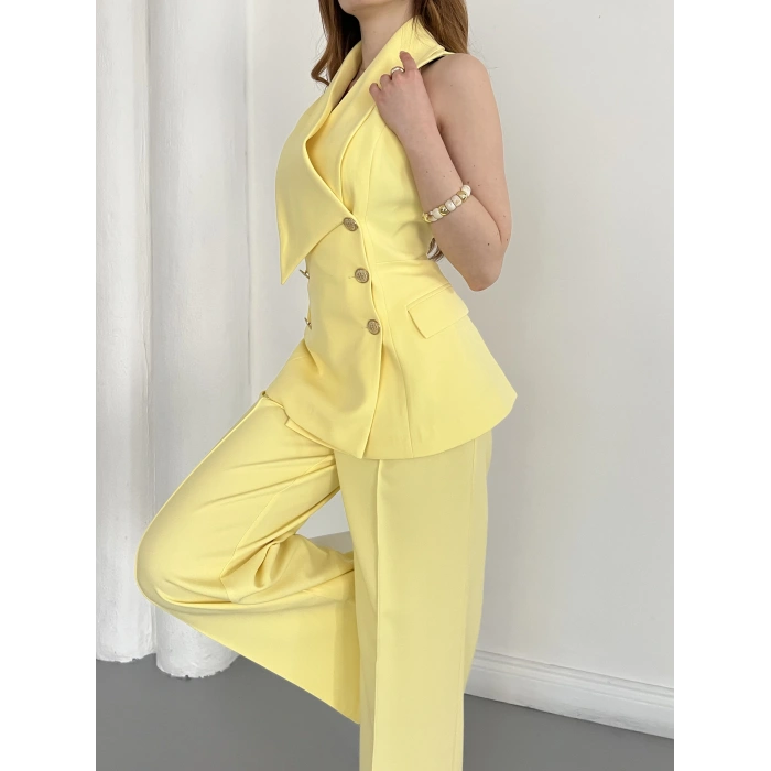 Gold Düğmeli Yelekli Pantolon Takım Sarı