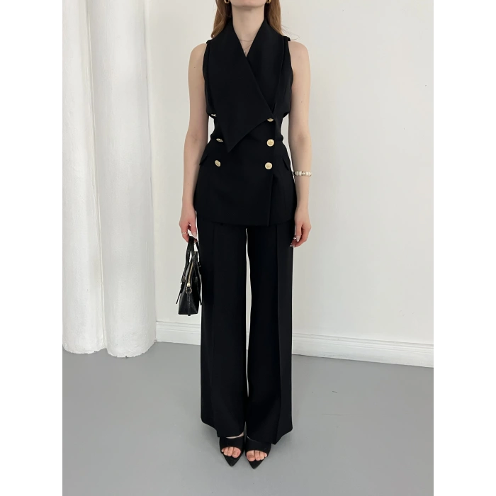 Gold Düğmeli Yelekli Pantolon Takım Siyah