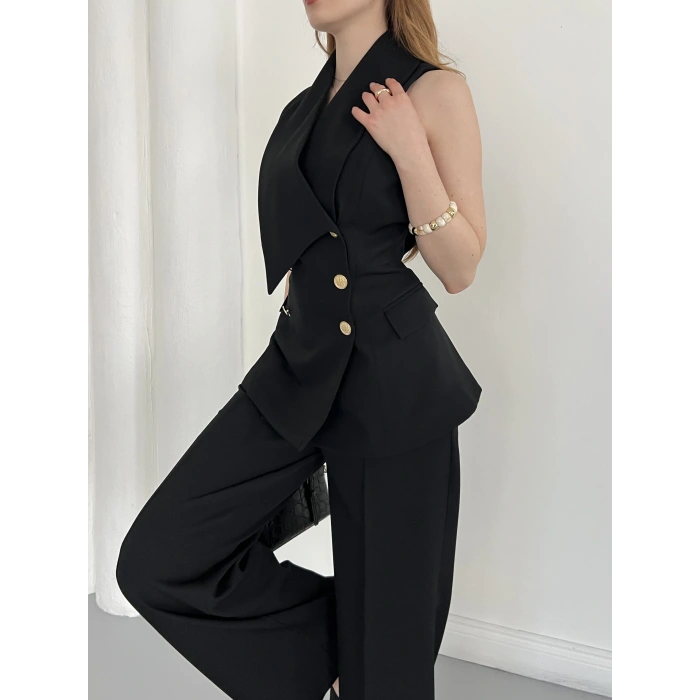 Gold Düğmeli Yelekli Pantolon Takım Siyah