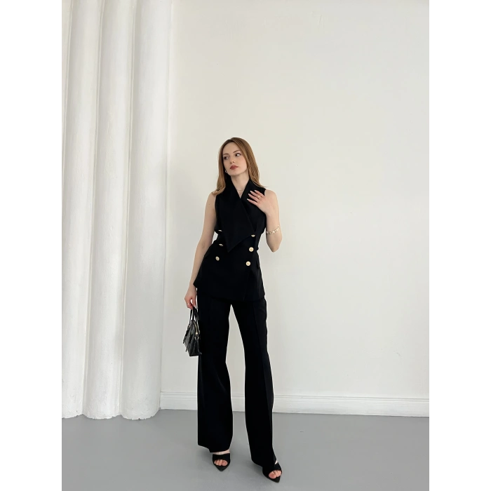 Gold Düğmeli Yelekli Pantolon Takım Siyah