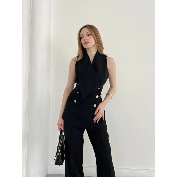 Gold Düğmeli Yelekli Pantolon Takım Siyah