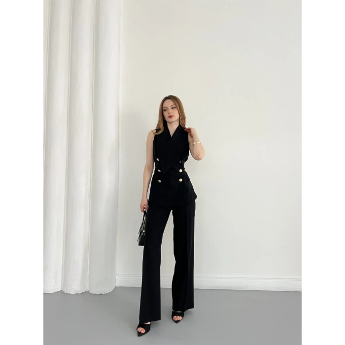 Gold Düğmeli Yelekli Pantolon Takım Siyah