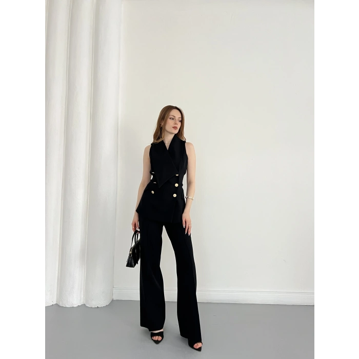 Gold Düğmeli Yelekli Pantolon Takım Siyah