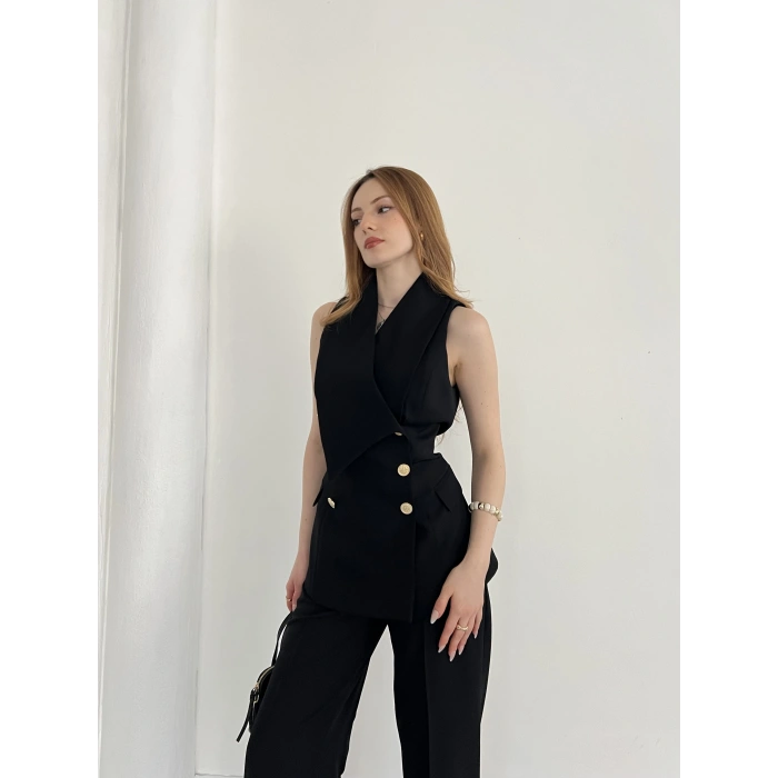 Gold Düğmeli Yelekli Pantolon Takım Siyah