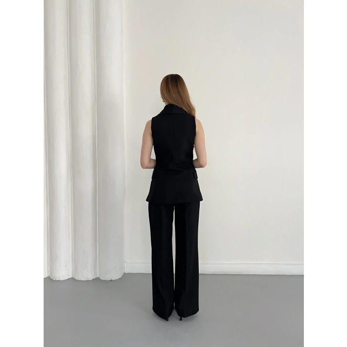 Gold Düğmeli Yelekli Pantolon Takım Siyah