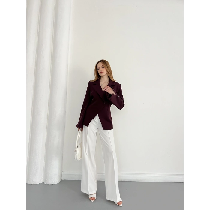 Kruvaze Yaka Tek Düğme Detaylı Tasarım Ceket Mürdüm