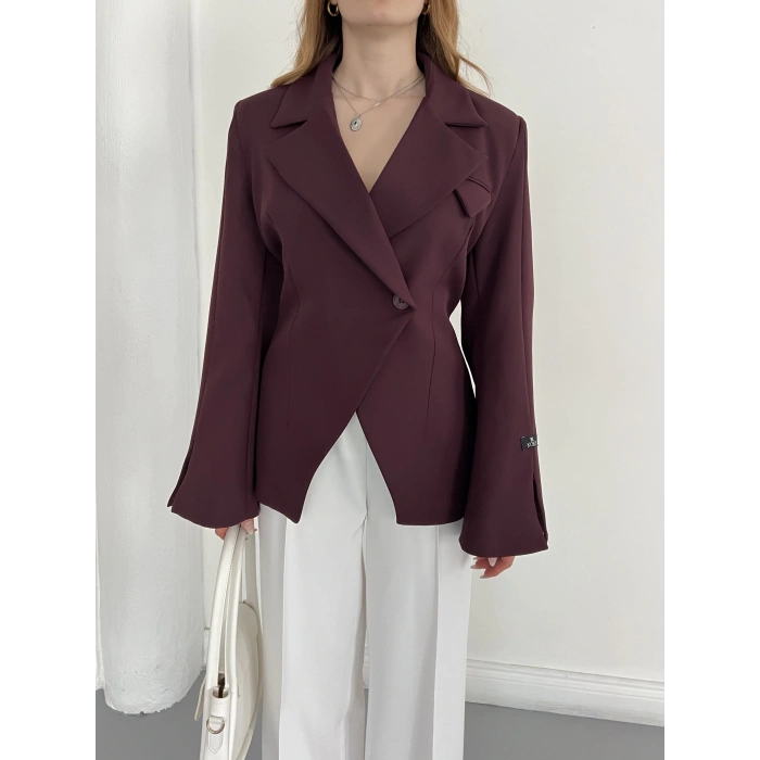 Kruvaze Yaka Tek Düğme Detaylı Tasarım Ceket Mürdüm