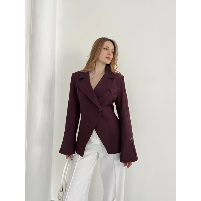 Kruvaze Yaka Tek Düğme Detaylı Tasarım Ceket Mürdüm