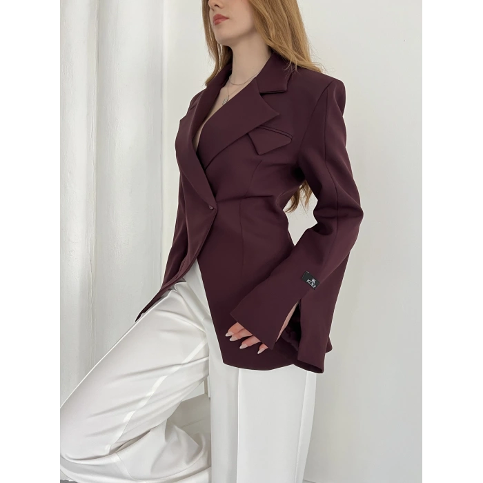 Kruvaze Yaka Tek Düğme Detaylı Tasarım Ceket Mürdüm