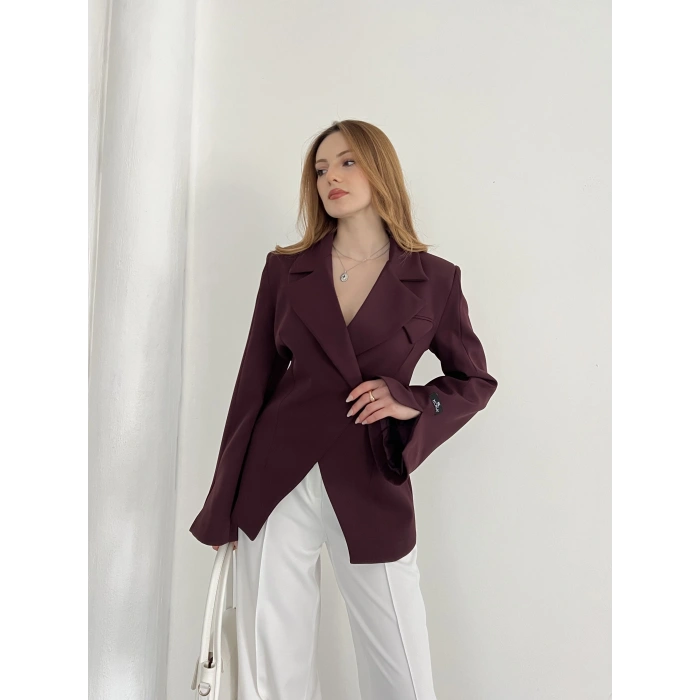 Kruvaze Yaka Tek Düğme Detaylı Tasarım Ceket Mürdüm