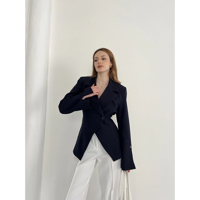 Kruvaze Yaka Tek Düğme Detaylı Tasarım Ceket Lacivert