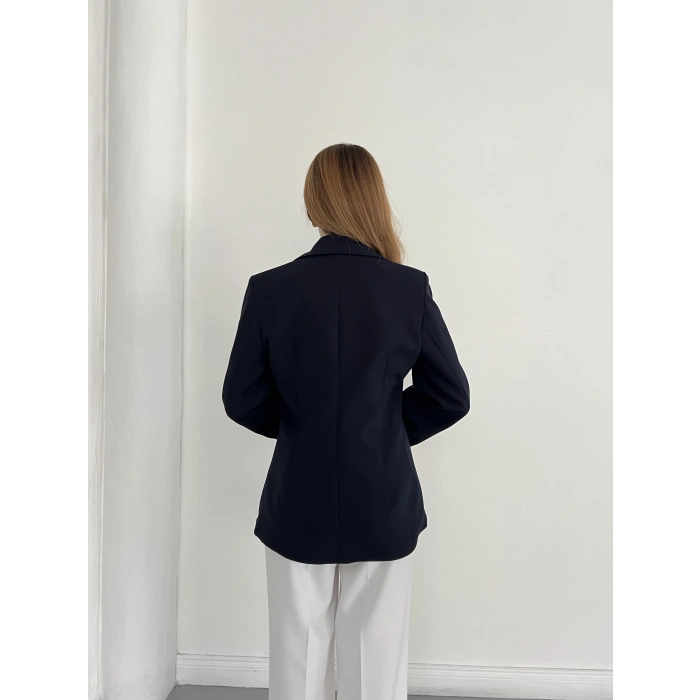Kruvaze Yaka Tek Düğme Detaylı Tasarım Ceket Lacivert