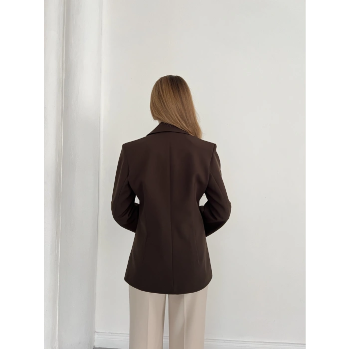 Kruvaze Yaka Tek Düğme Detaylı Tasarım Ceket Kahve