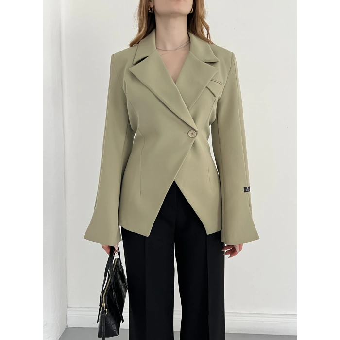 Kruvaze Yaka Tek Düğme Detaylı Tasarım Ceket Haki