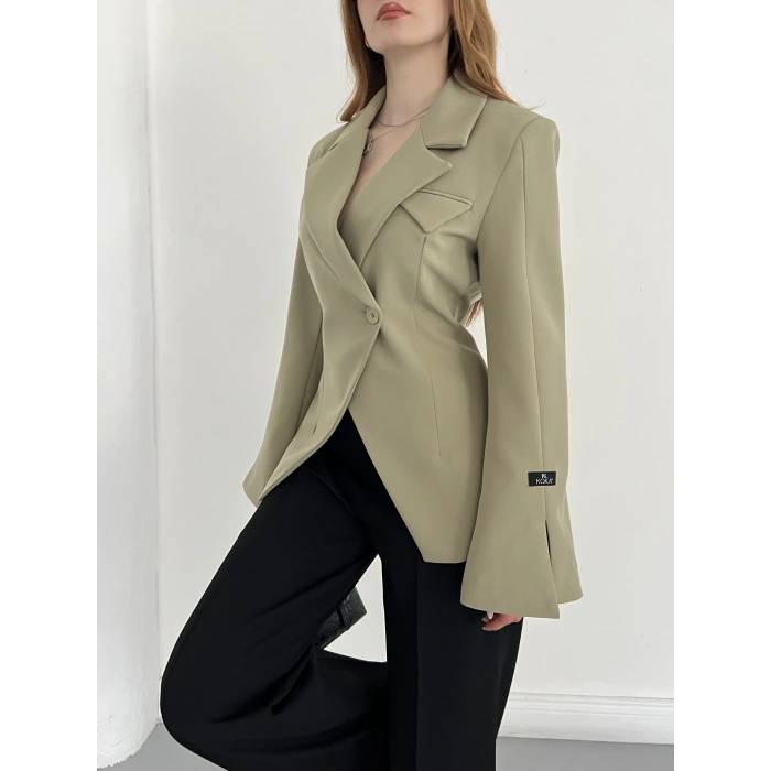 Kruvaze Yaka Tek Düğme Detaylı Tasarım Ceket Haki