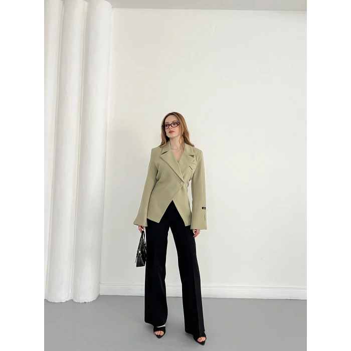 Kruvaze Yaka Tek Düğme Detaylı Tasarım Ceket Haki